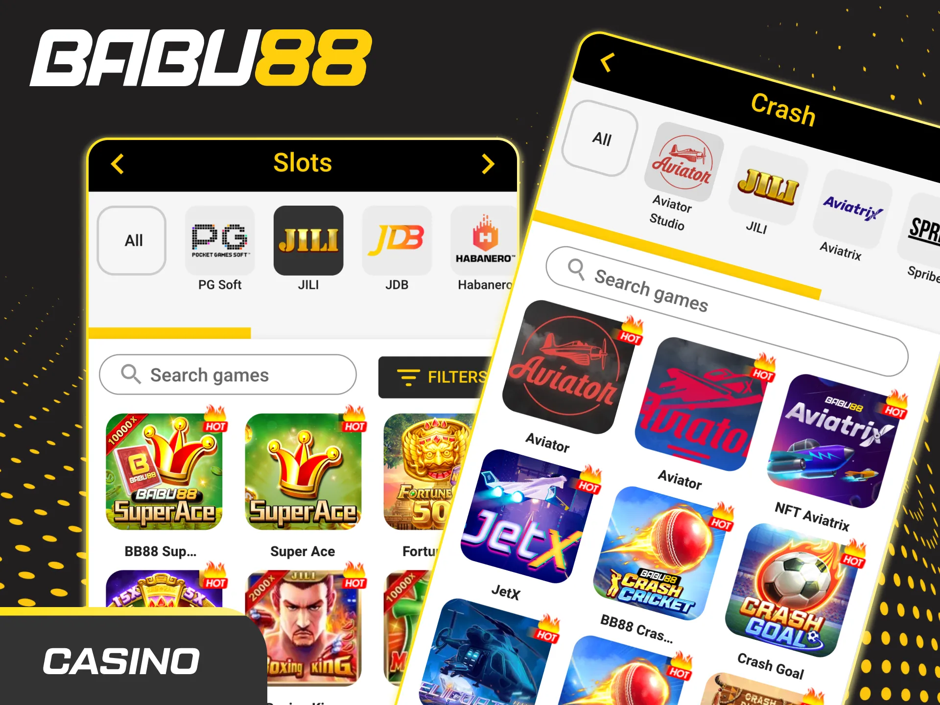 Babu88 Casino app home shows casino tab, one-tap switch; slots and live tables from Pragmatic, Evolution, Ezugi.