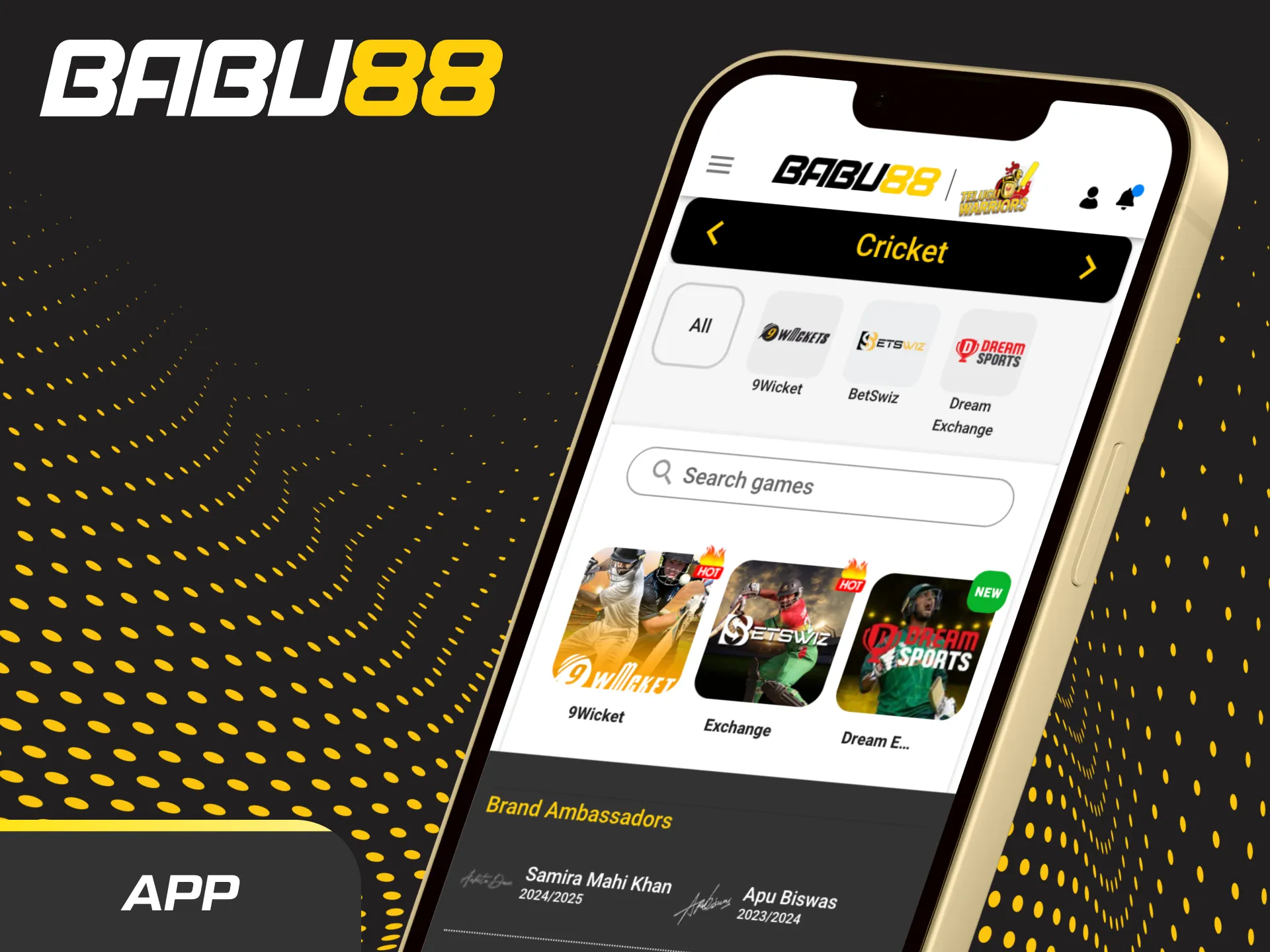 Babu88 cricket betting app on Android and iPhone screens with live odds, INR payments, Quick Bet, and multi-view.