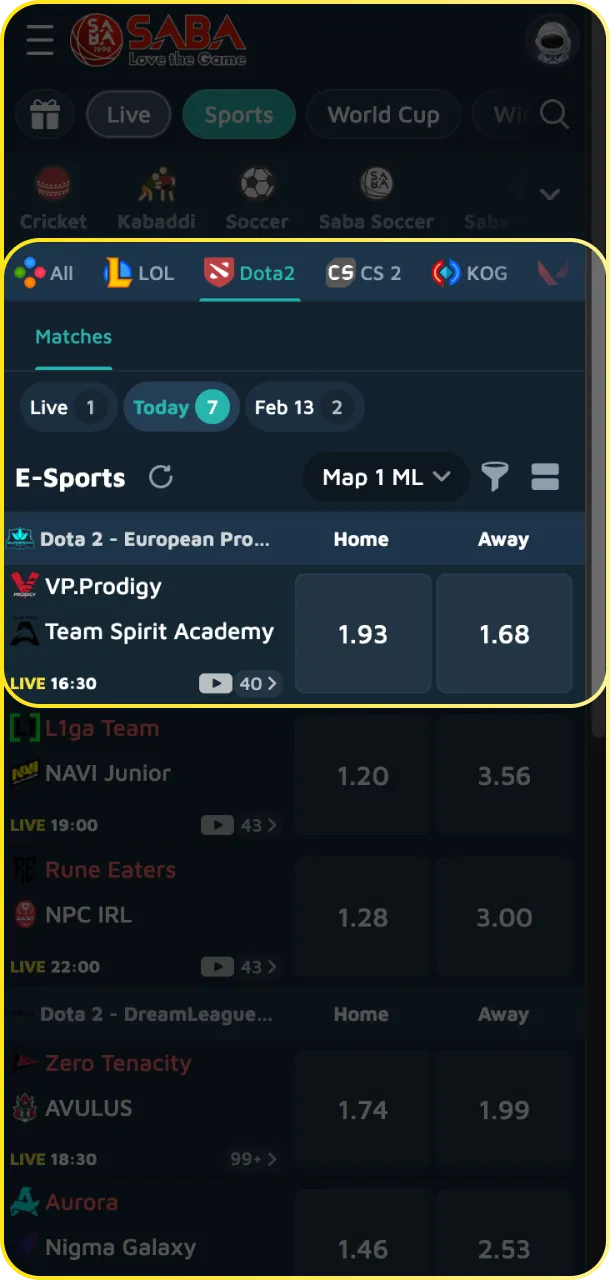 Select betting market options for your favorite Dota 2 teams at Babu88.
