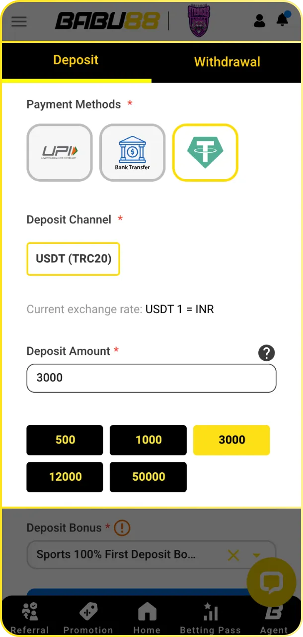 Deposit funds into your profile to start your Babu88 esports journey.