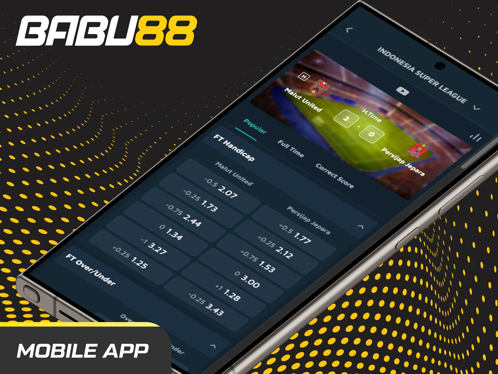 Babu88 Football app on a smartphone showing live odds, bet slip, in-play stats, cash-out, and price alerts.