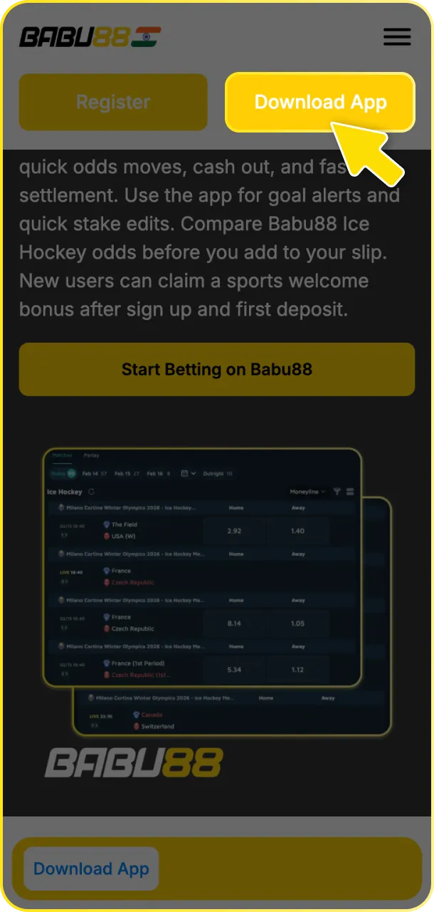 Tap download app on this page to get the Babu88 ice hockey app.