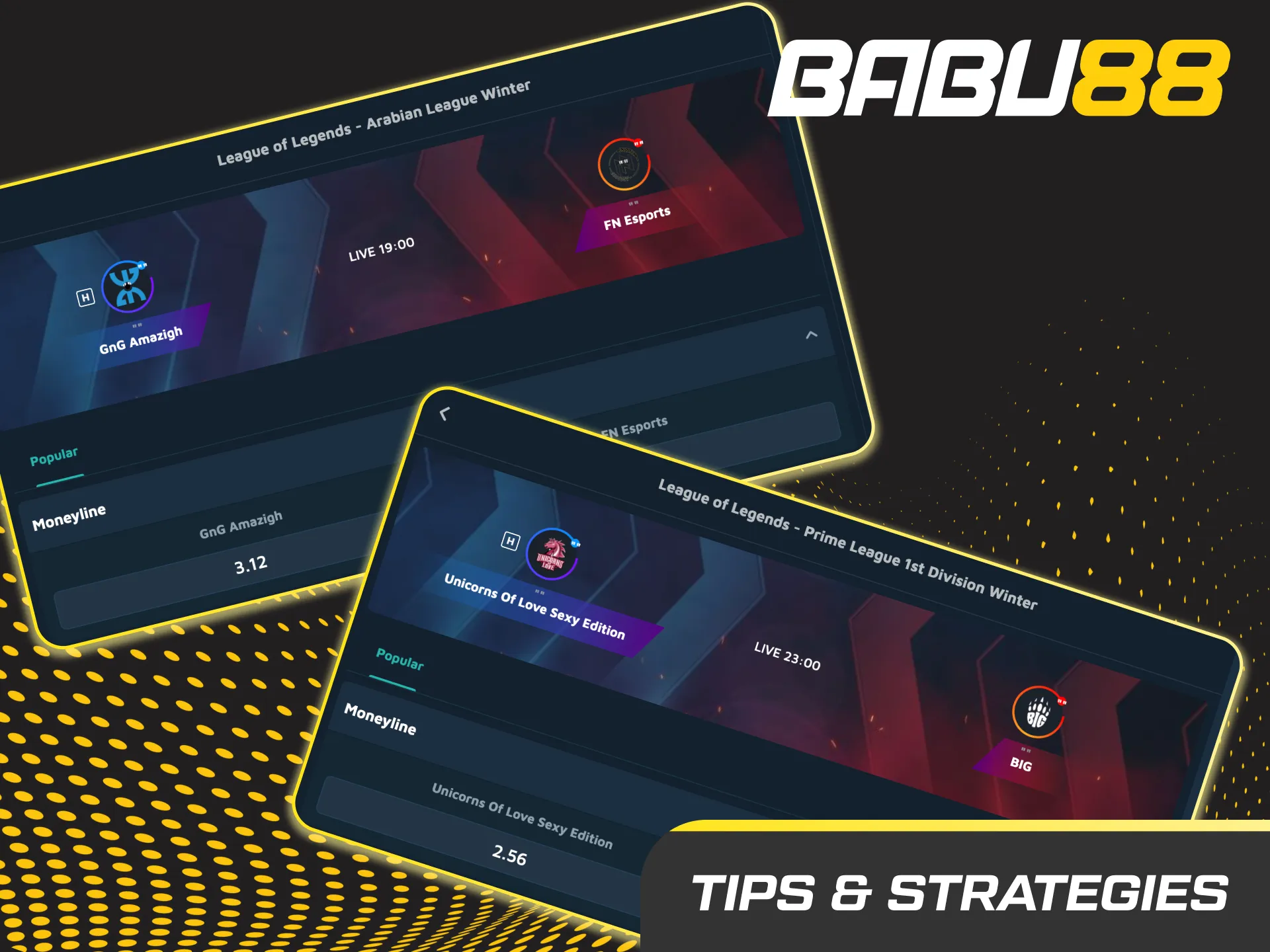 Infographic: Babu88 LoL betting tips—bankroll, research, roster moves, patches, draft, blue side, odds shopping.