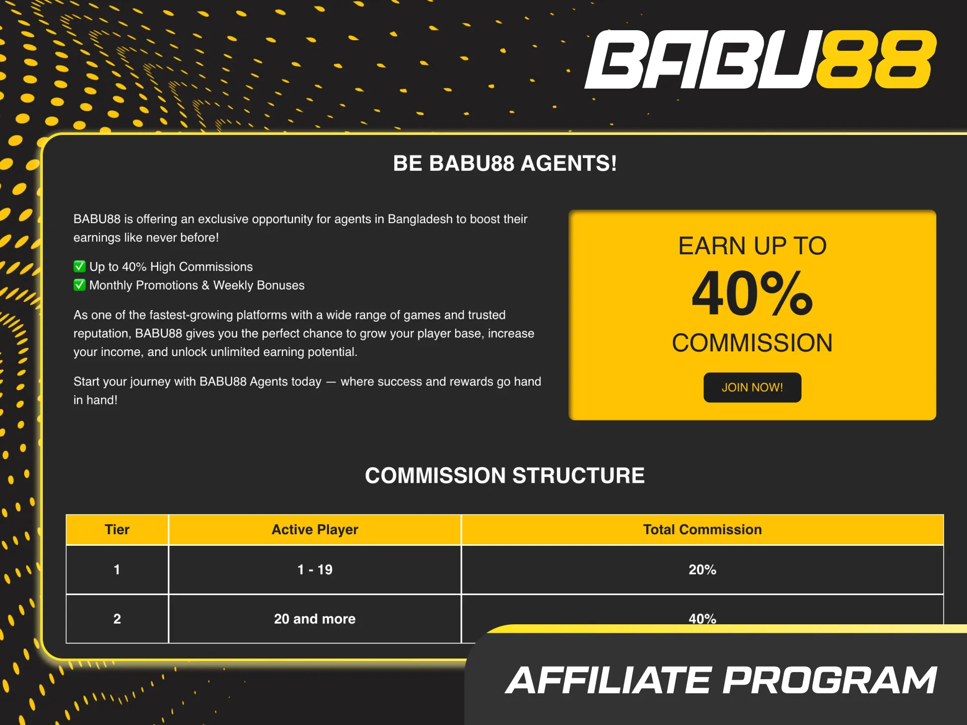 Babu88 Affiliate Program banner: promote, earn revenue share, real-time tracking, assets, and manager support