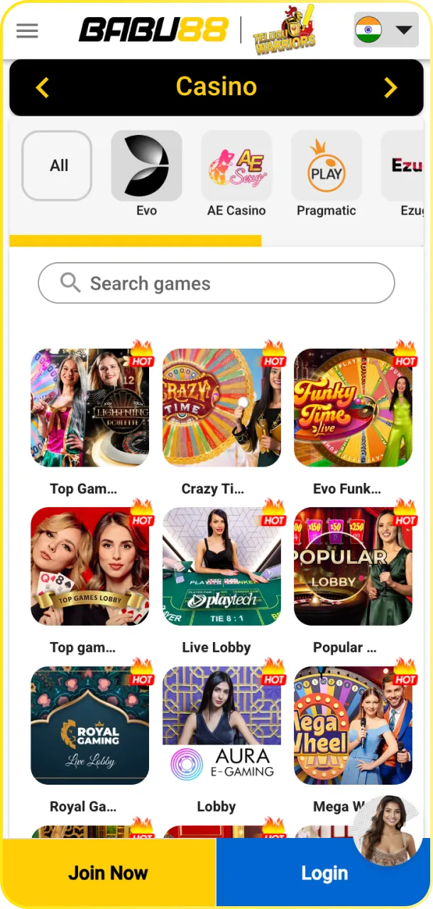 Start playing with professional dealers in the live-casino section at Babu88 India.