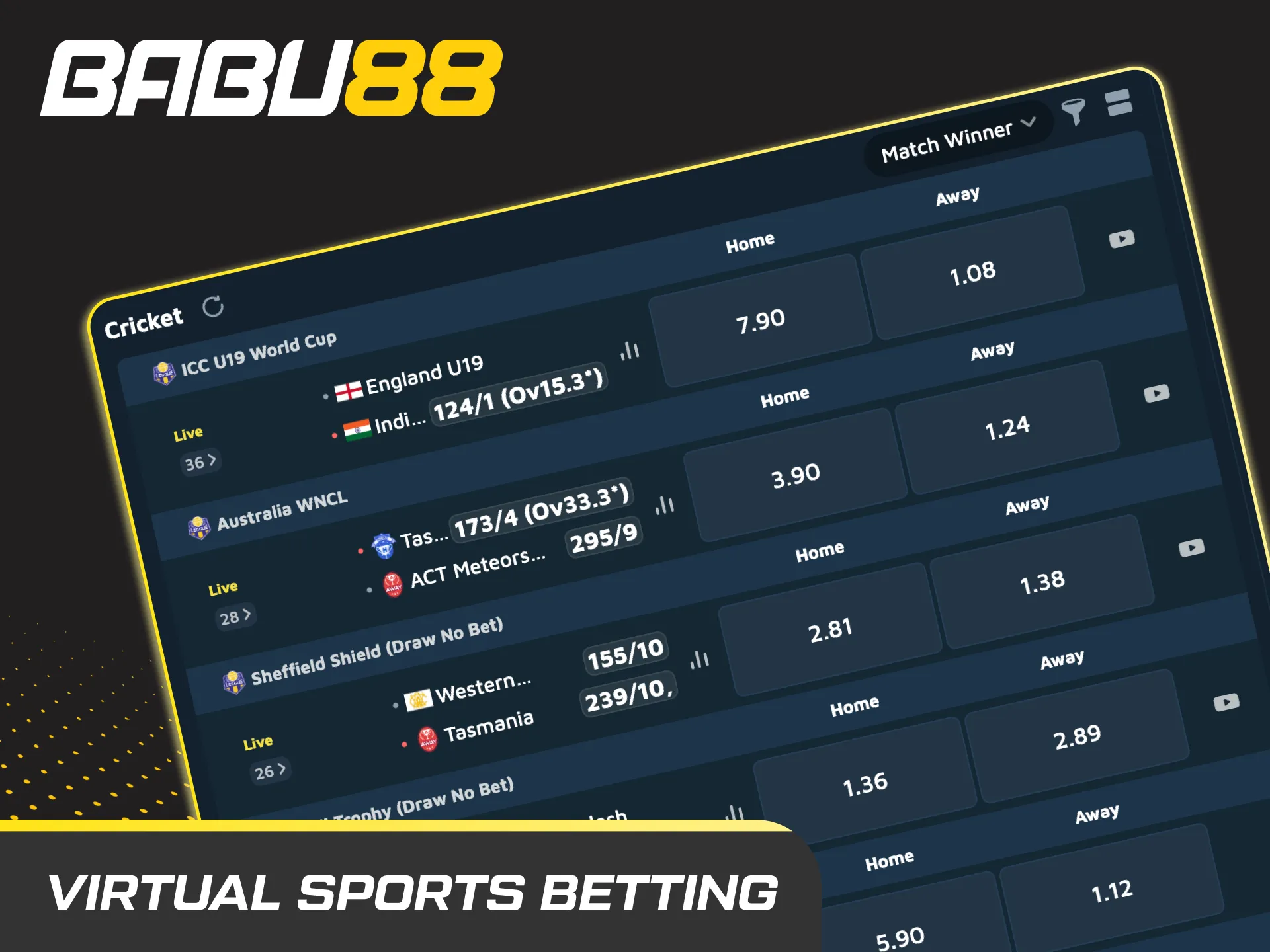 Betting interface with virtual football, cricket, horse racing, and tennis icons, highlighting 24/7 quick events.