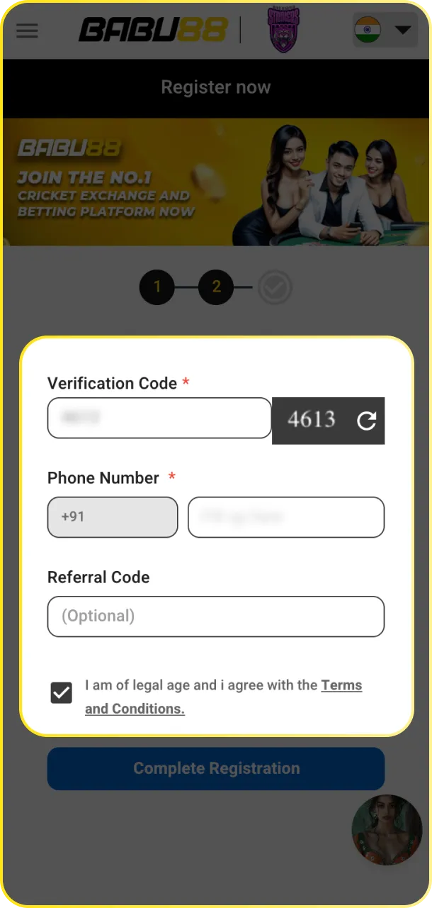 Fill in your personal details and confirm you are 18+ to join Babu88.