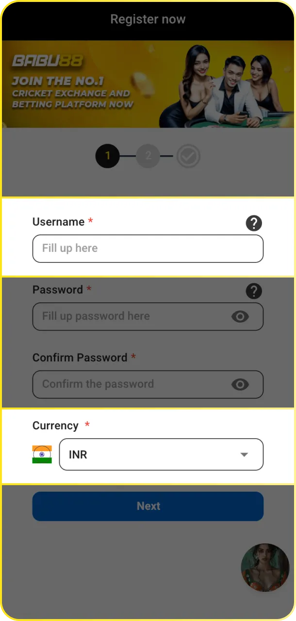 Enter your personal details and set INR as your currency on Babu88.