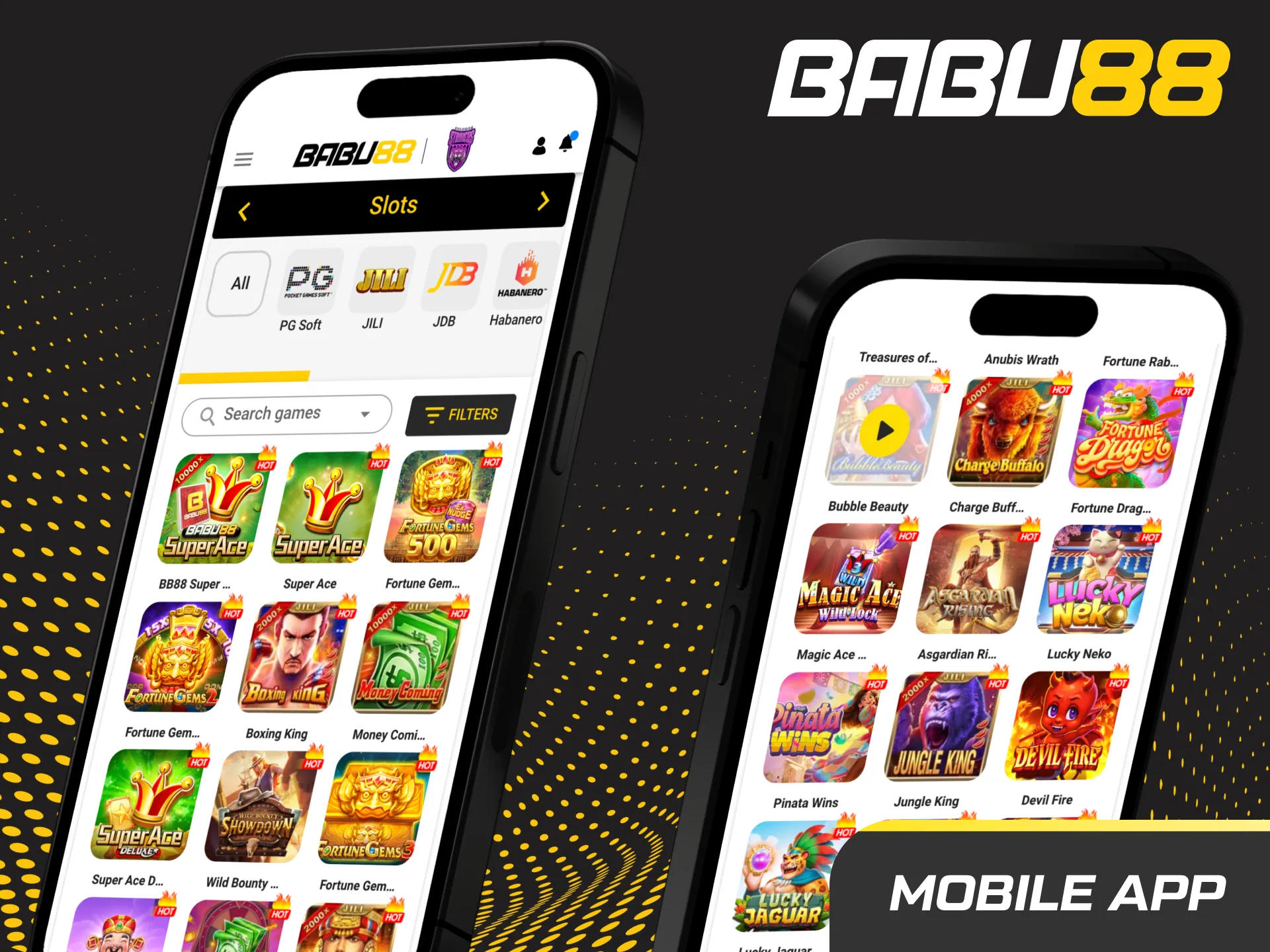 Smartphone displaying Babu88 slots app with clean lobby, filters, spin button, and real-time balance and wins.