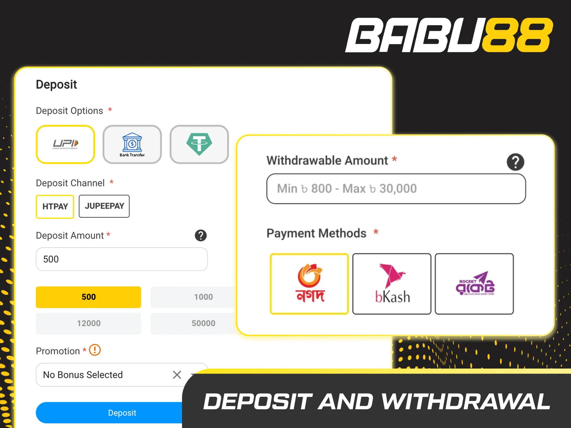 Deposit and withdrawal options: UPI, PhonePe, Paytm, GPay, NetBanking (IMPS/NEFT), RuPay, Visa, Mastercard, Skrill, USDT.