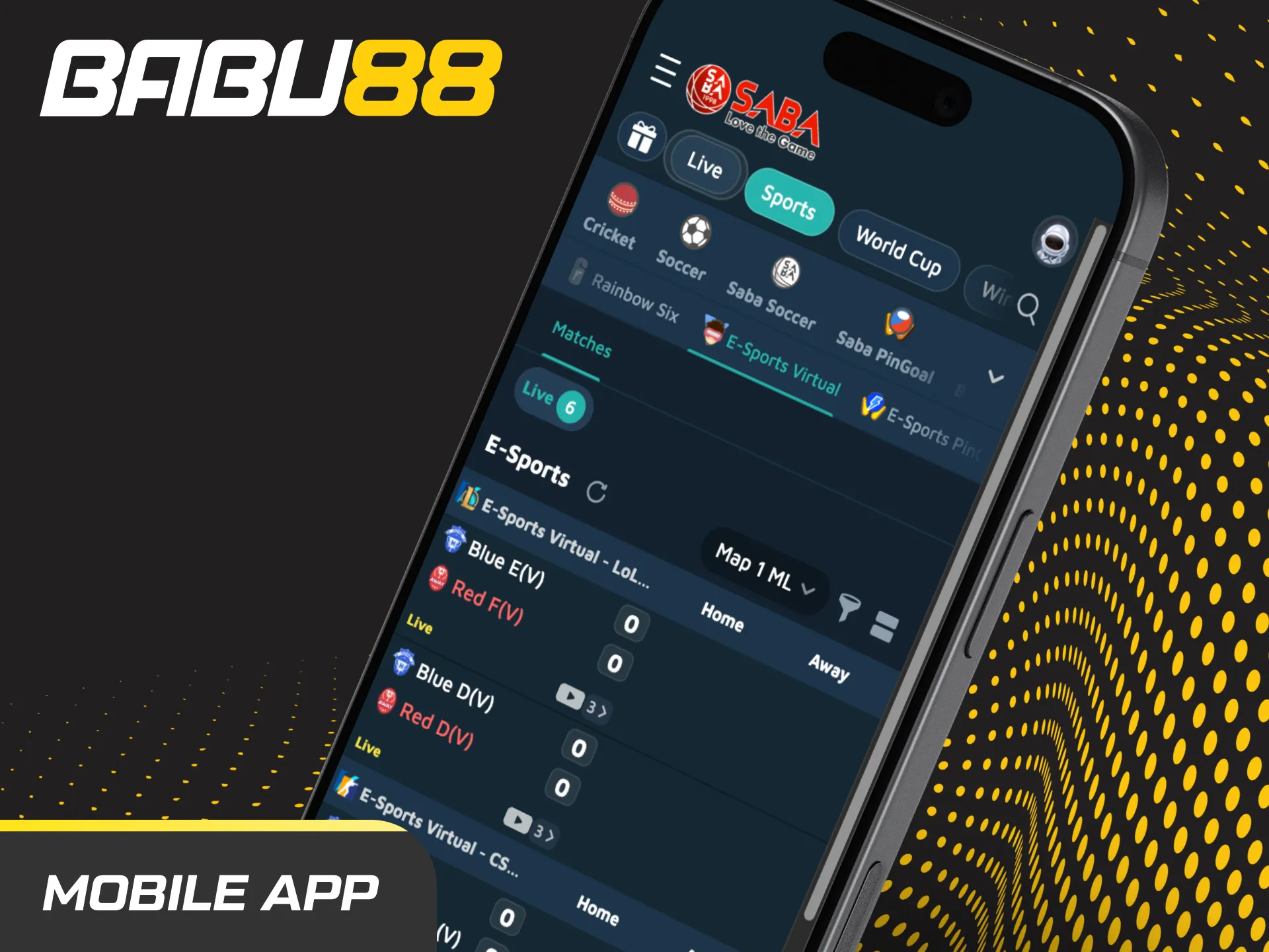 Smartphone showing Babu88 app with StarCraft II live odds, in-play markets, and INR deposit options like UPI and Paytm.