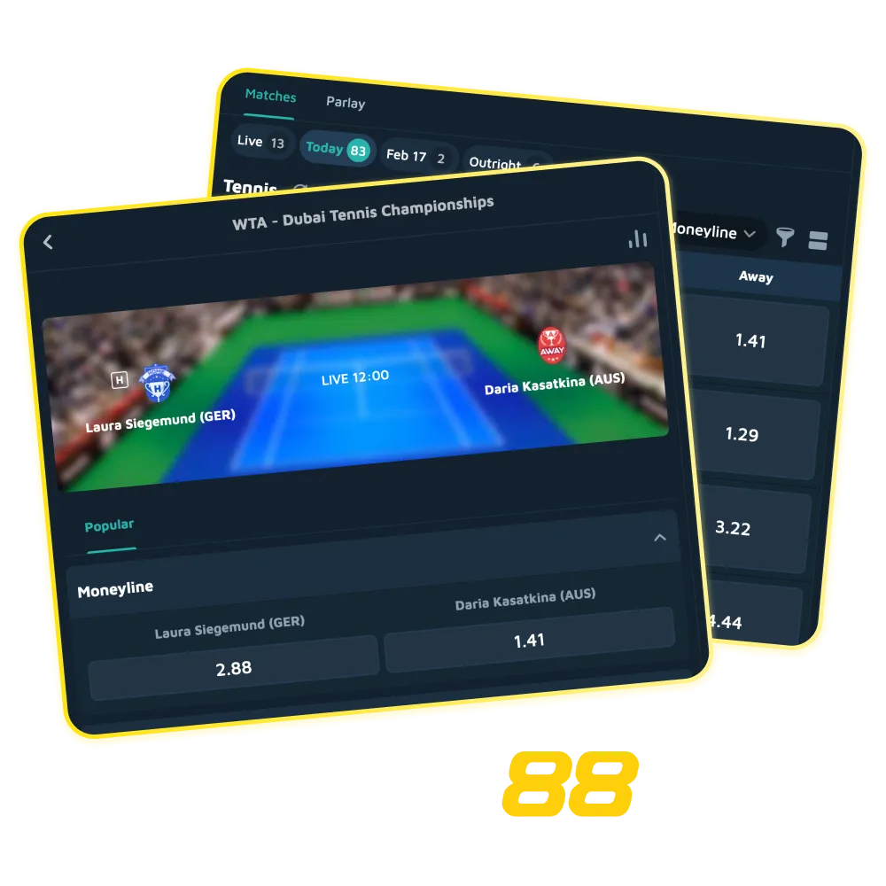 Babu88 tennis betting interface with live odds for ATP/WTA, in-play updates, and ₹10,000 welcome bonus banner in India.