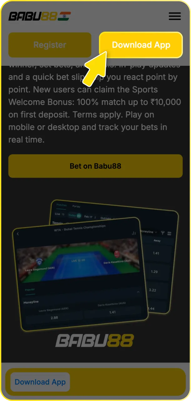Tap the download button on this page to get the Babu88 tennis app.