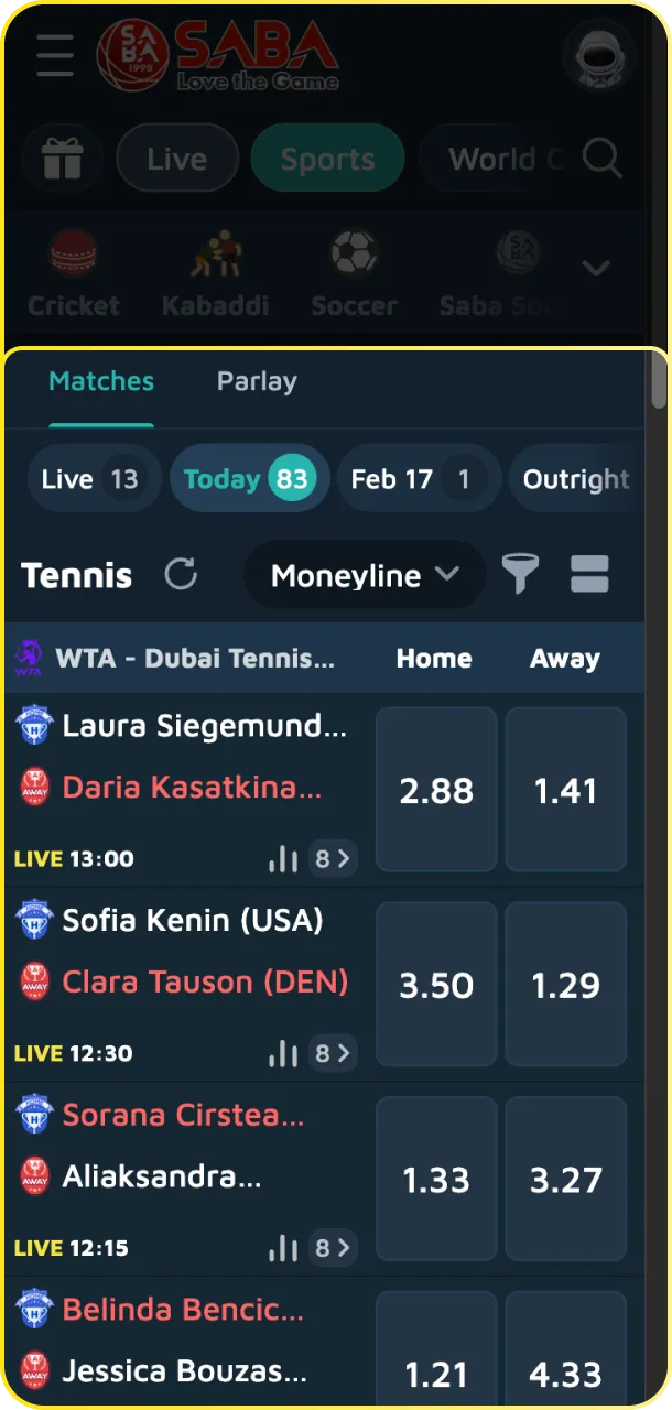 Choose a tournament and match to find the best tennis odds at Babu88.