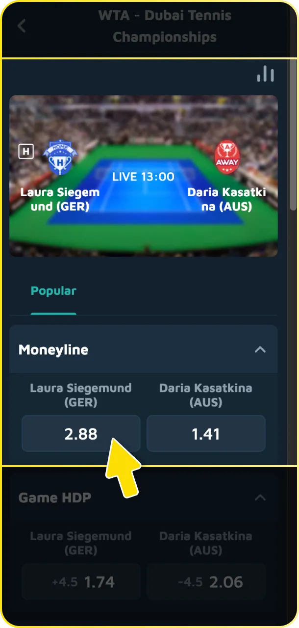 Enter your stake and confirm your tennis bet on the Babu88 platform.