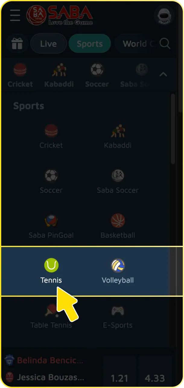 Open the sportsbook and select tennis from the menu at Babu88.